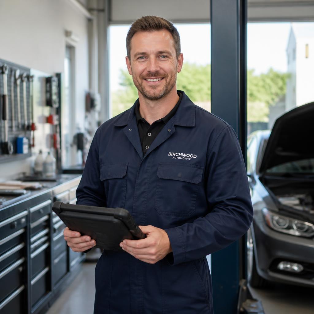 Qualified AARGarage mechanic with a diagnostic tablet in the workshop